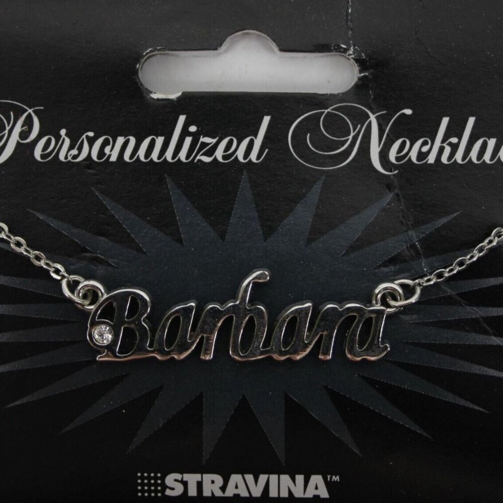 BARBARA Name Silvertone Rhinestone 14.5" w 4.5" Multi Ring Extender Necklace